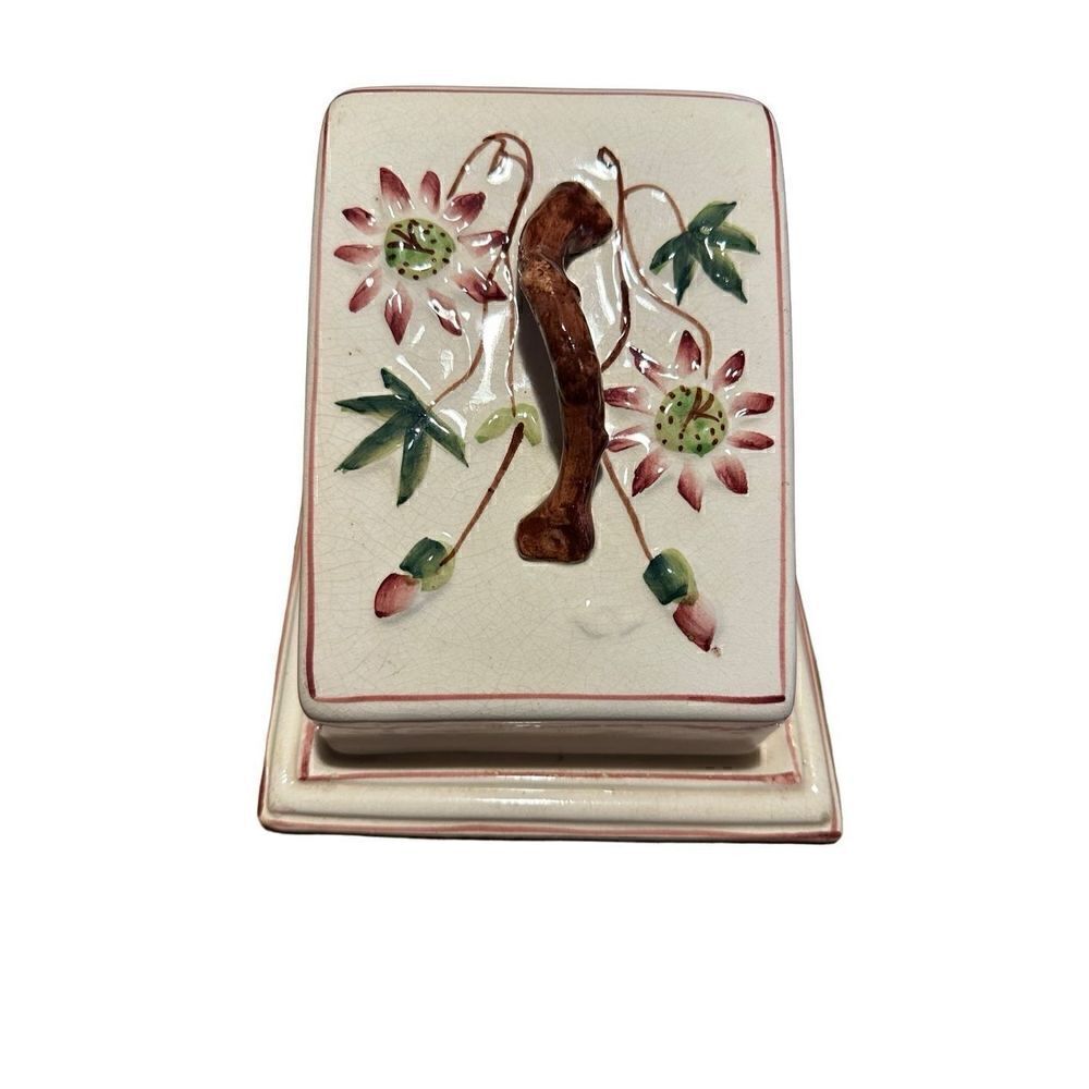 Vintage Glazed Pottery Lidded Cheese Server Cream Floral Pattern Large Keeper